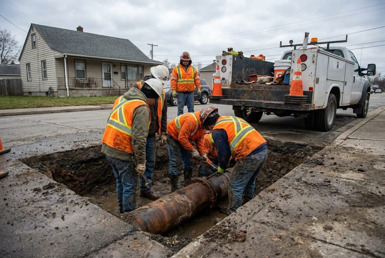 A water utility crew repairing a main in an open excavation on a residential street