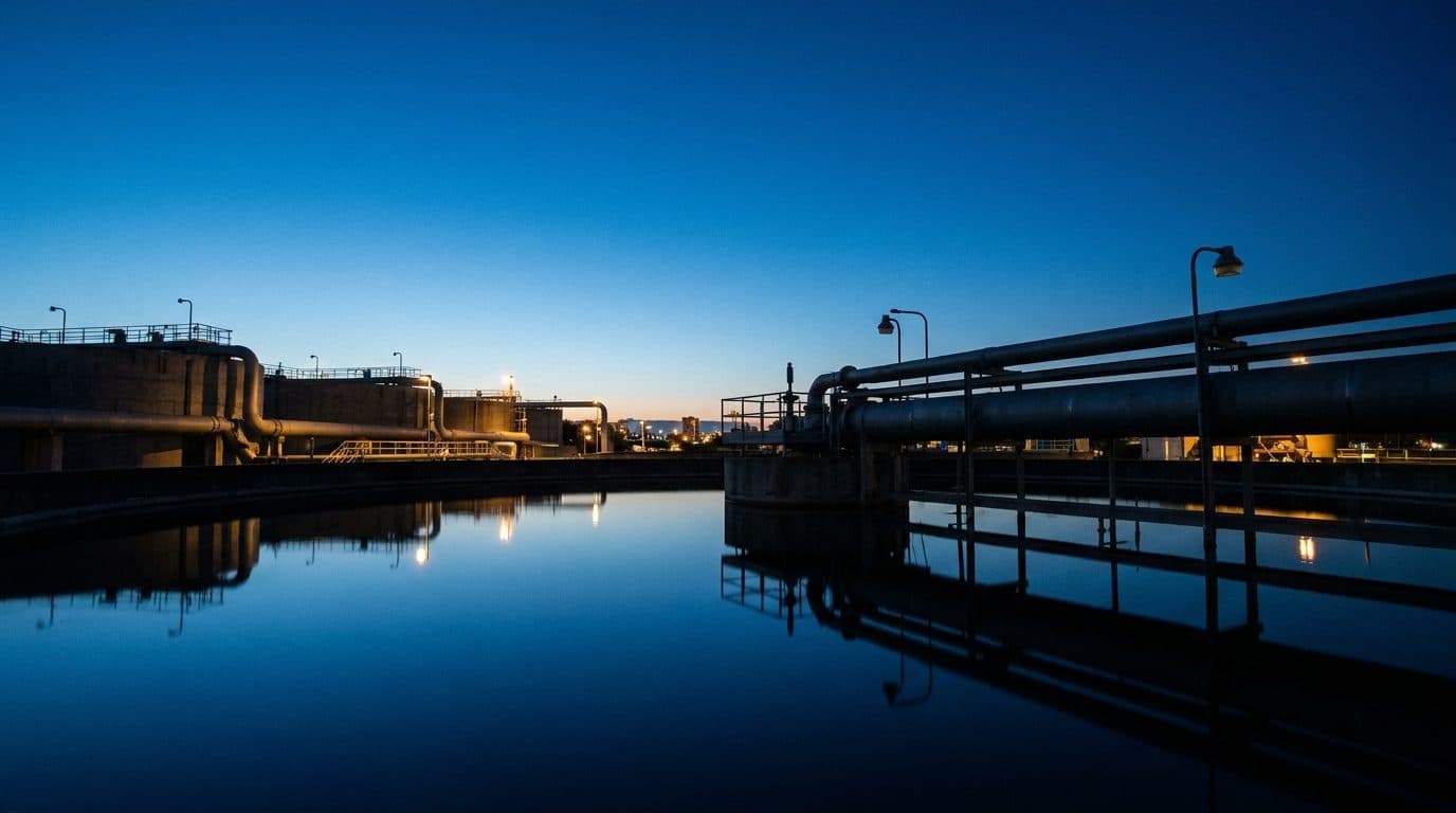 A municipal water treatment reservoir and pipework at dusk