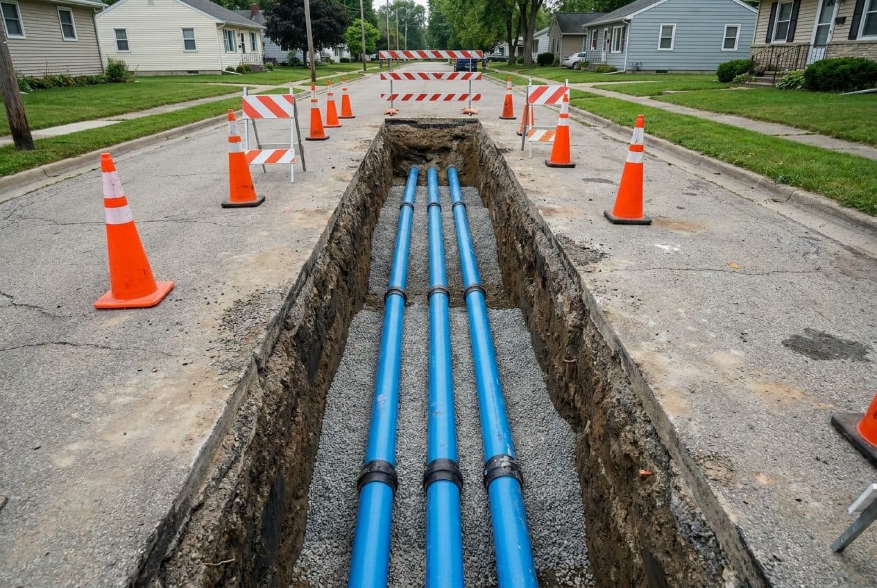 New ductile iron water main sections laid in an open trench on a residential street