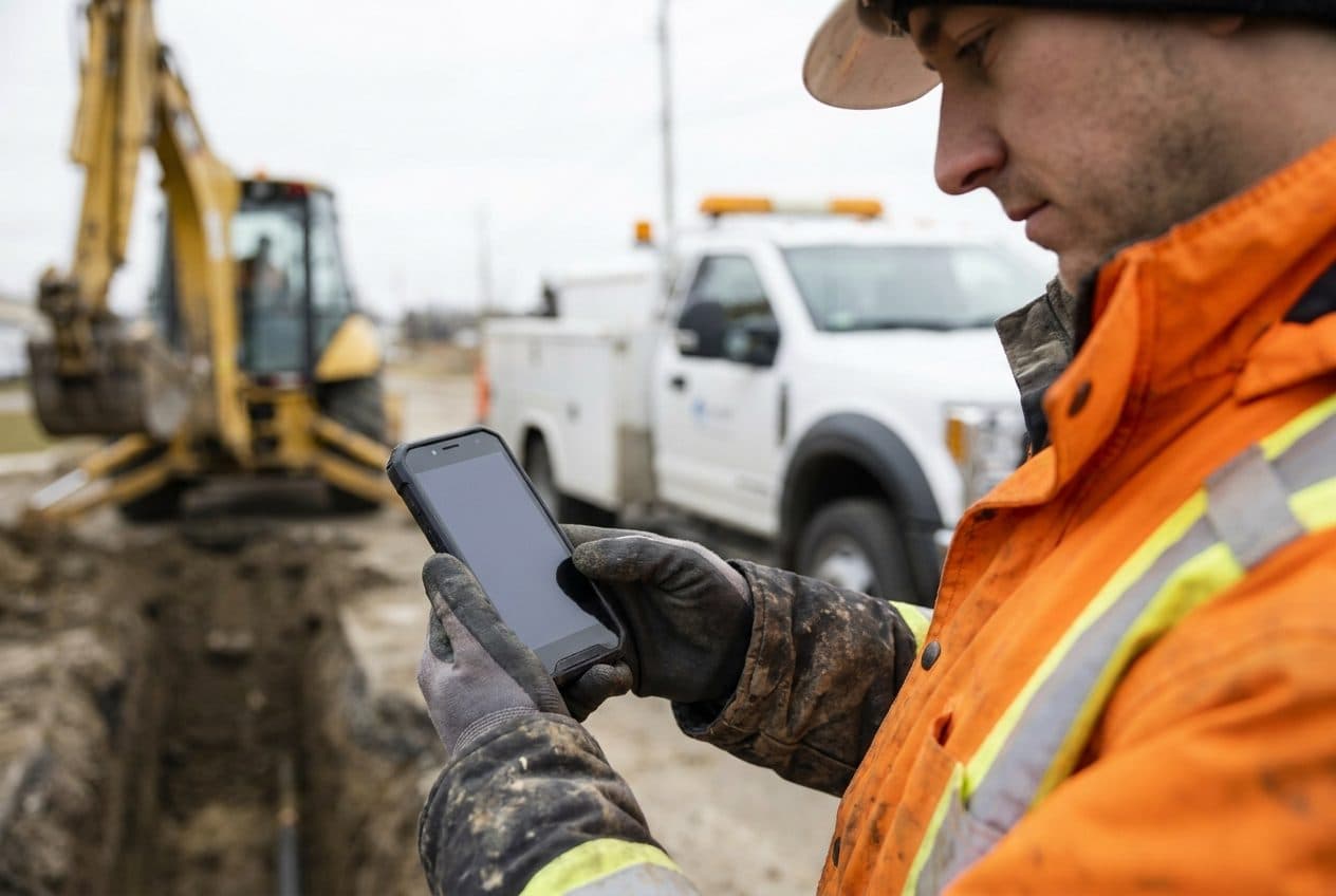 A utility field technician in a high-visibility jacket checking a work order on a rugged phone at a job site