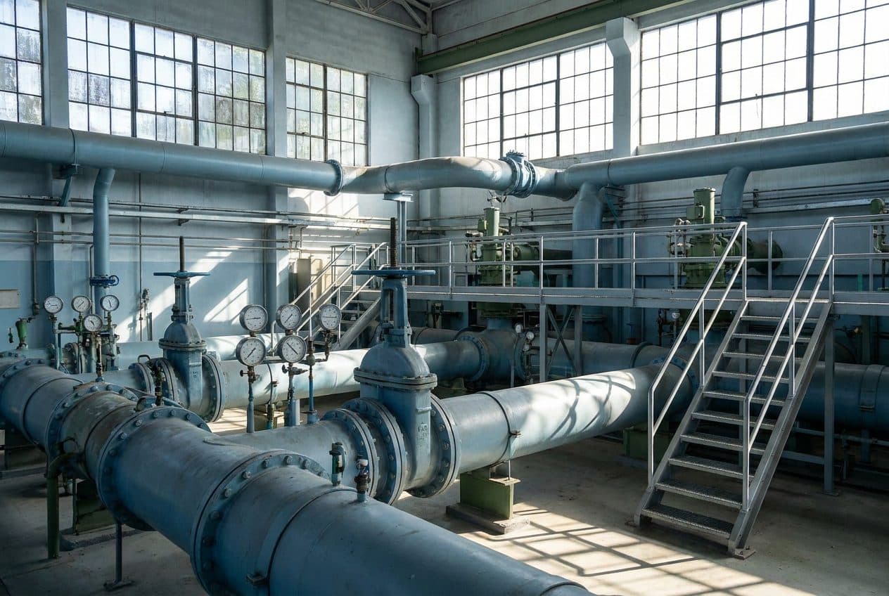 Valves, gauges and pipework inside a municipal water treatment facility