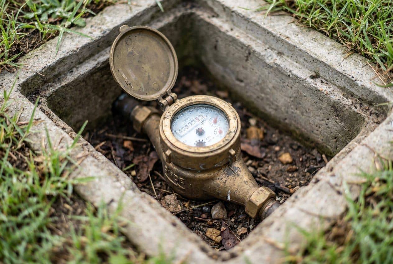 A residential water meter in an open concrete meter pit