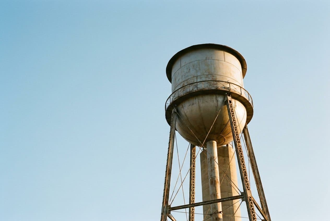 A municipal water tower against a clear sky